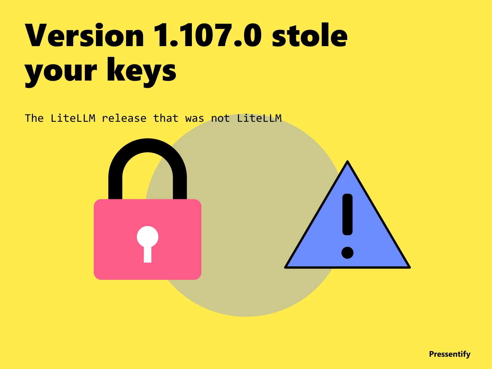 A thick-outlined padlock-shaped gateway box with a cracked hasp, a stream of API key tags spilling out of it onto a hard-shadowed red block labelled 1.107.0, in flat yellow, red and blue.