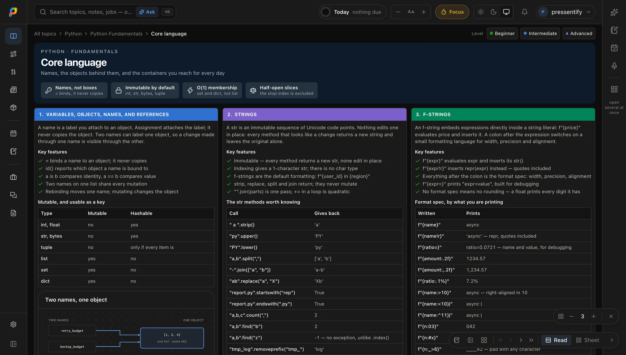 The Python Core language sheet in the app: three columns of dense reference, covering variables and references, strings and f-strings, each with key features and a table of calls and what they give back.